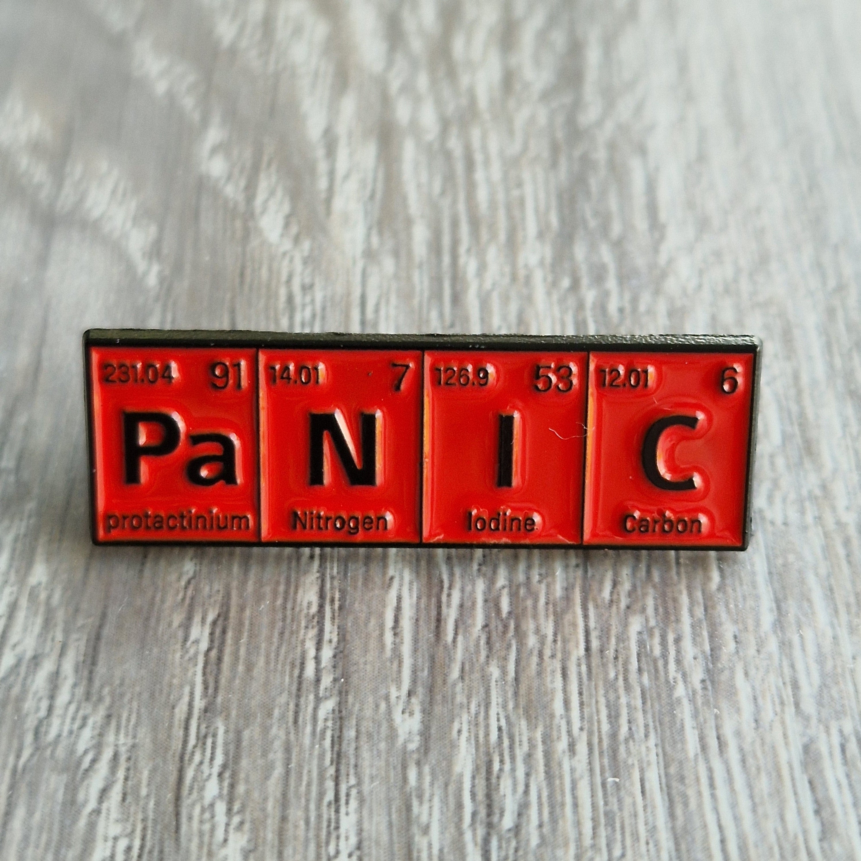 Spilla “PANIC” stile tavola periodica