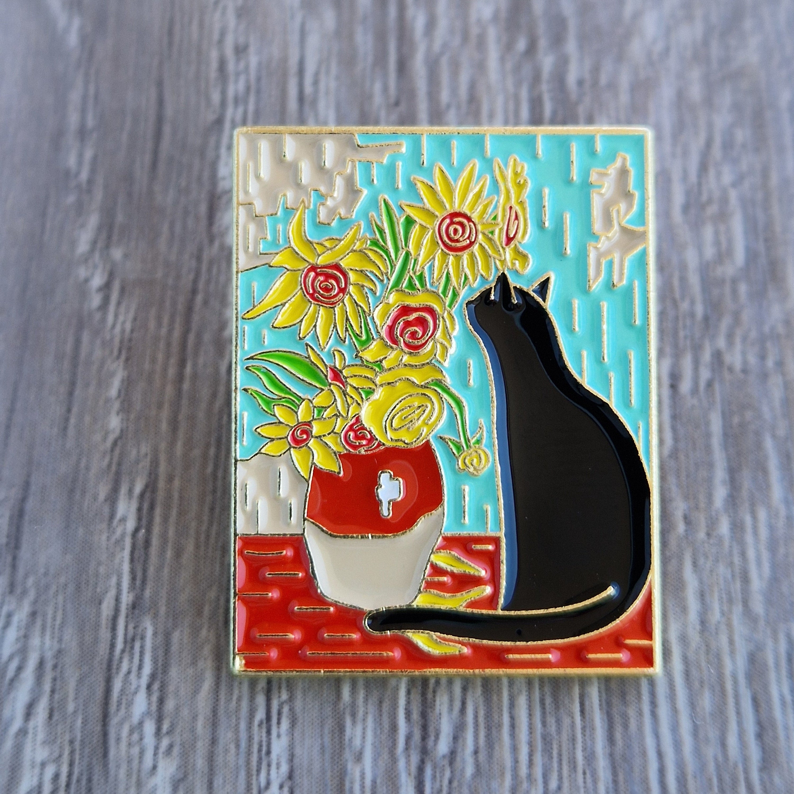 Spilla gatto nero con fiori stile Van Gogh