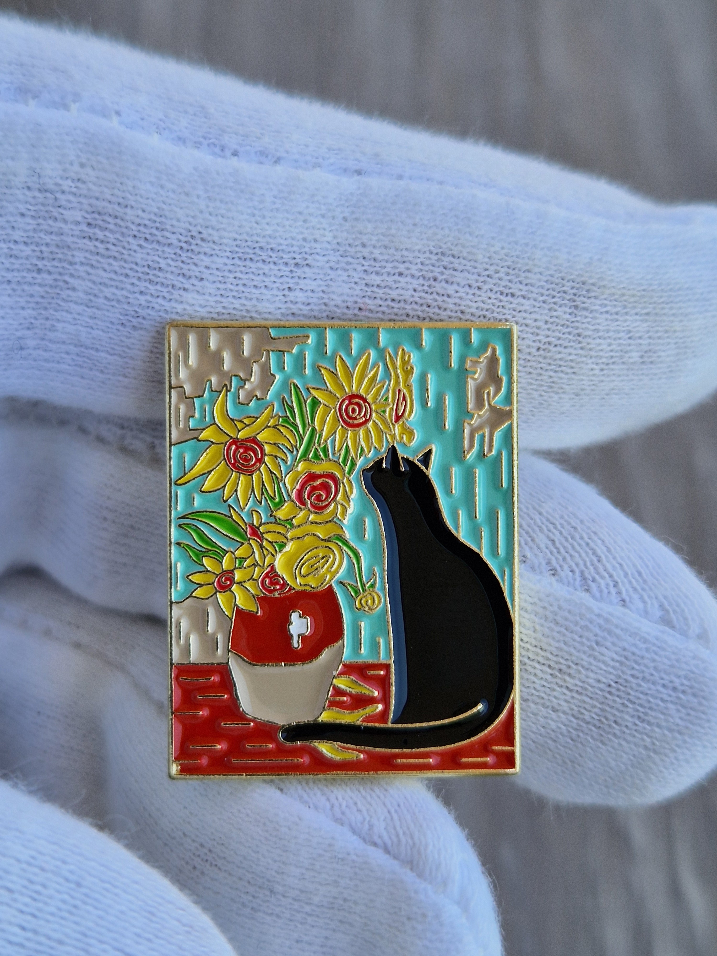 Spilla gatto nero con fiori stile Van Gogh