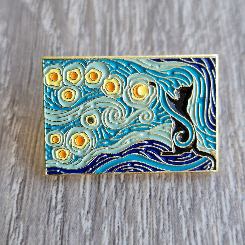 Spilla gatto nero cielo stellato stile Van Gogh