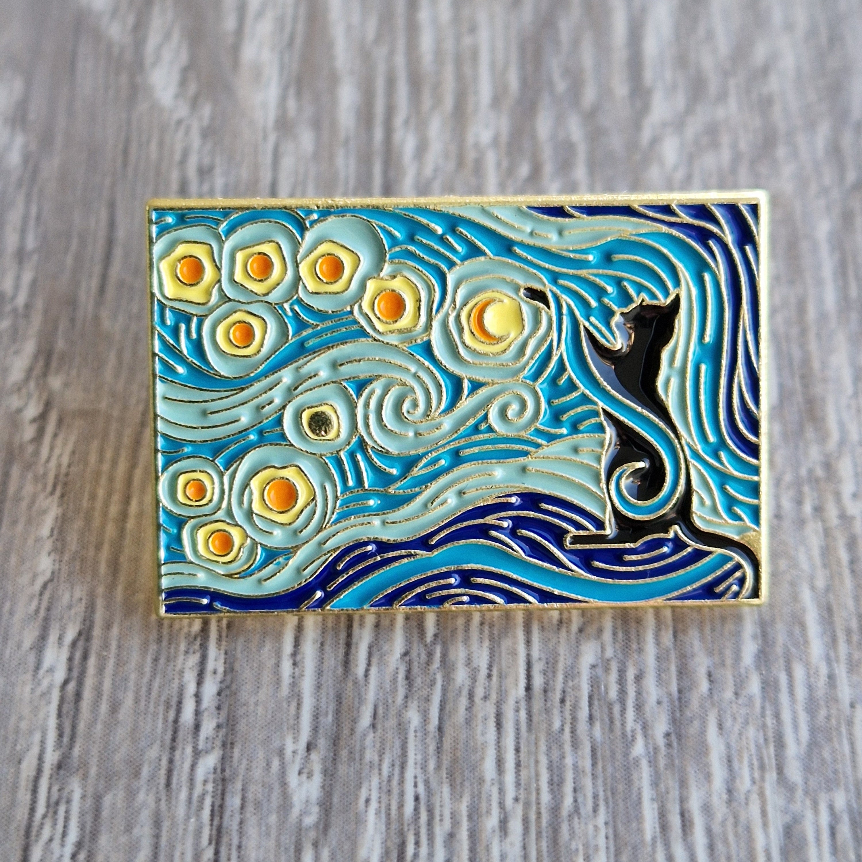 Spilla gatto nero cielo stellato stile Van Gogh
