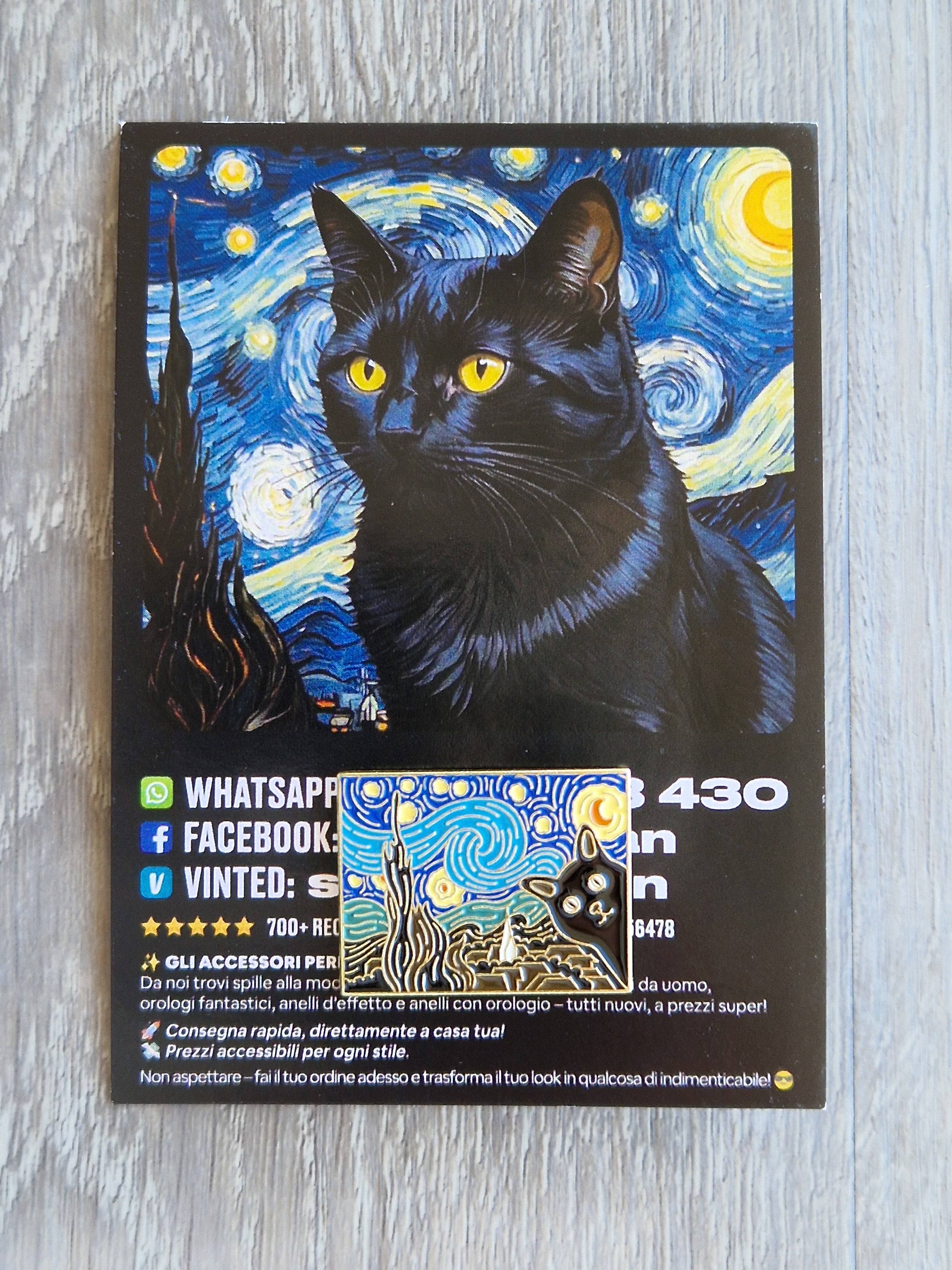 Spilla e card Gatto Nero Stile Notte Stellata