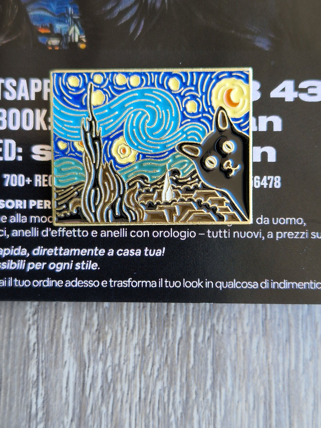 Spilla e card Gatto Nero Stile Notte Stellata