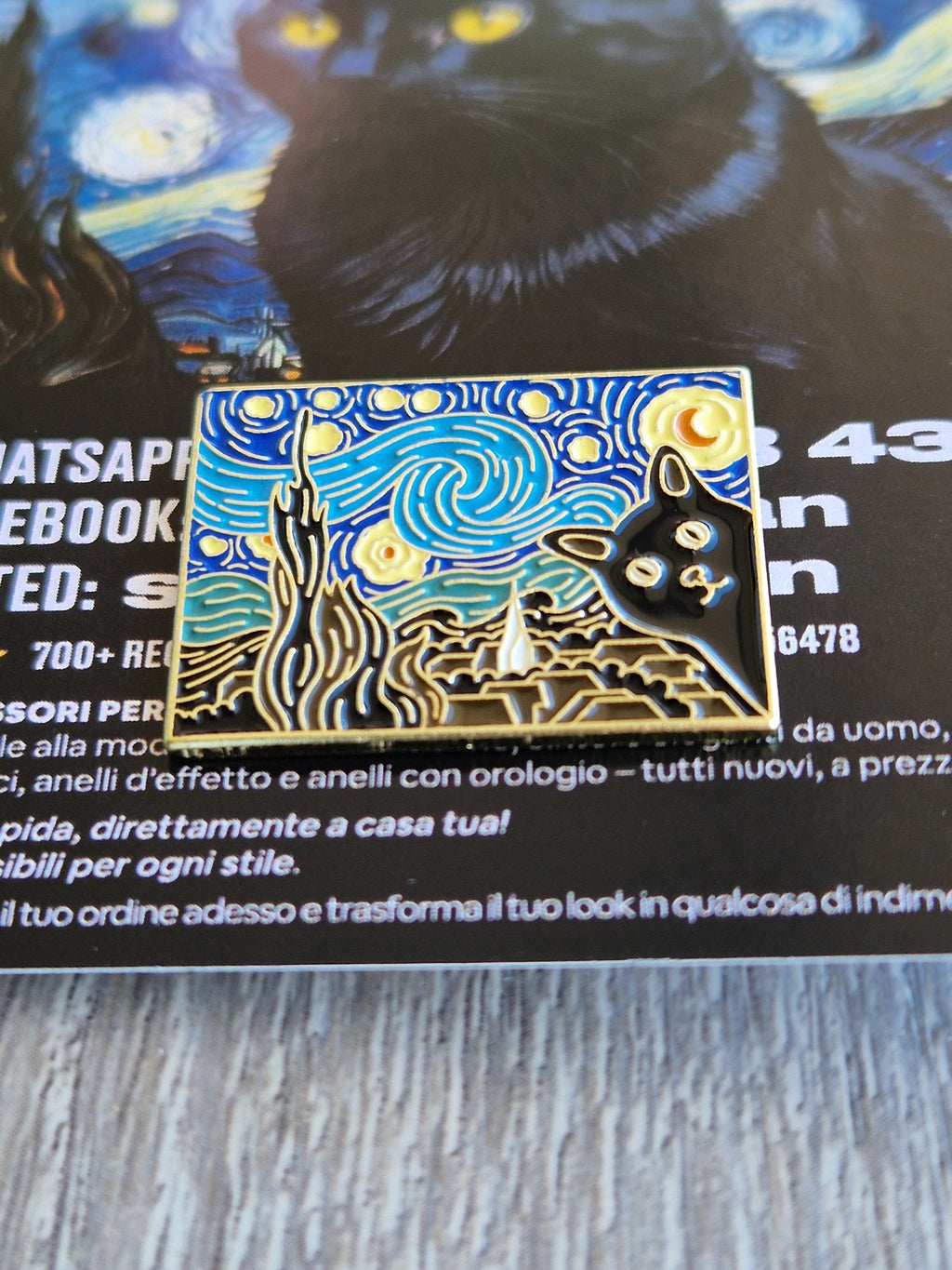 Spilla e card Gatto Nero Stile Notte Stellata
