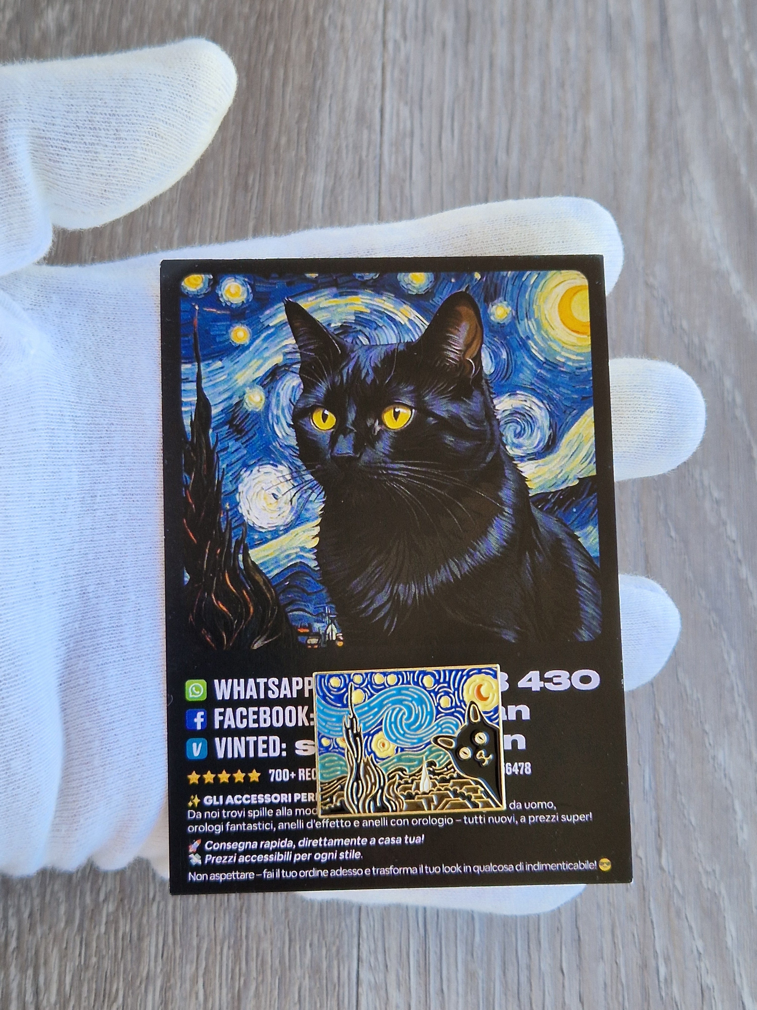 Spilla e card Gatto Nero Stile Notte Stellata