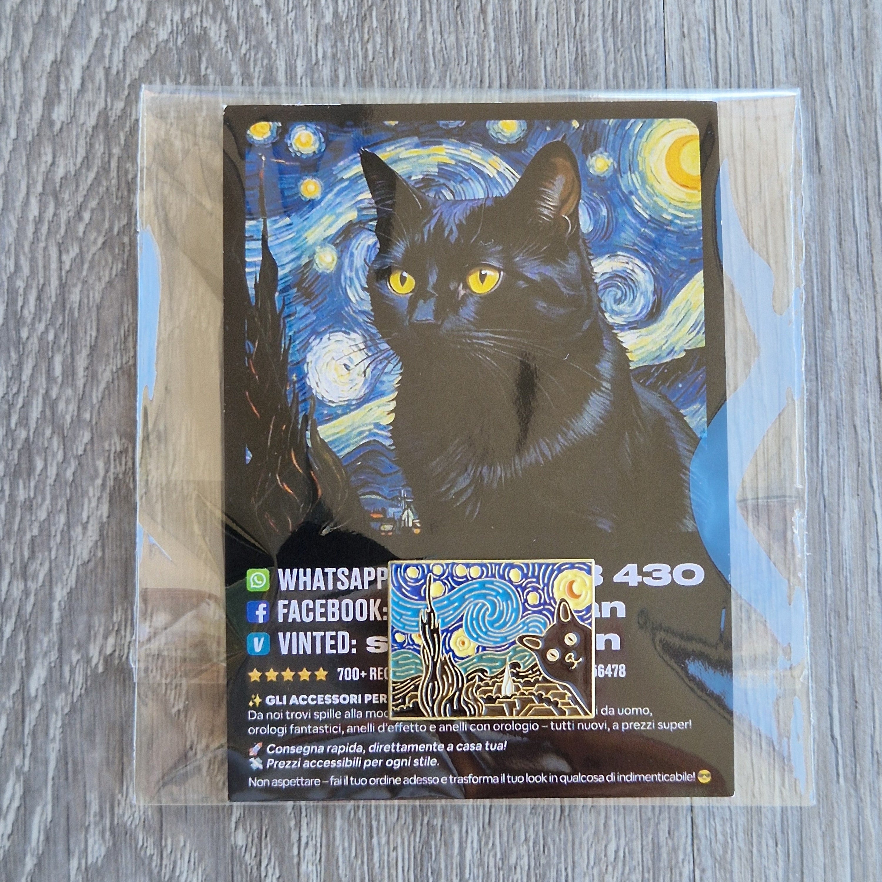 Spilla e card Gatto Nero Stile Notte Stellata