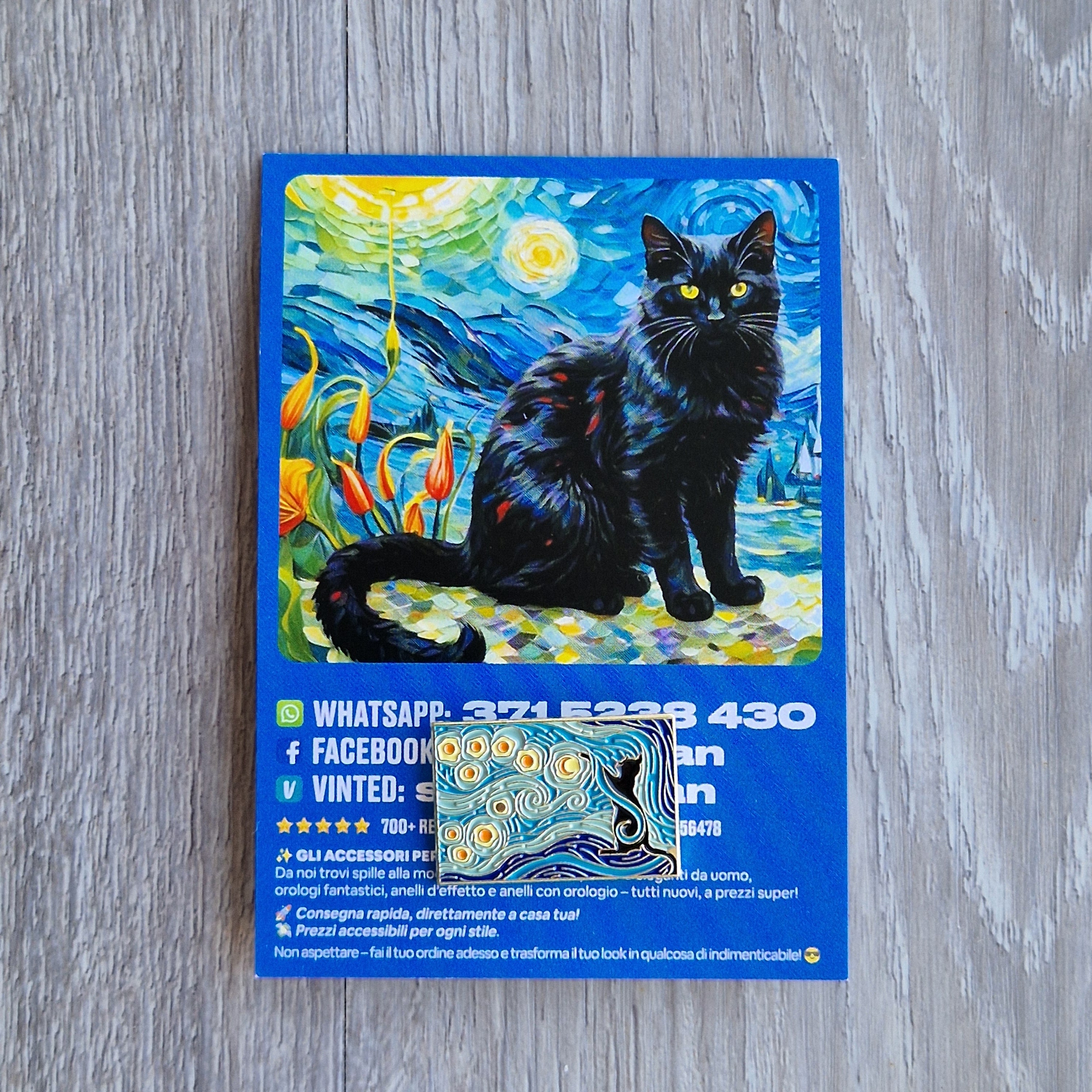 Spilla e card Gatto Nero Notte Stellata