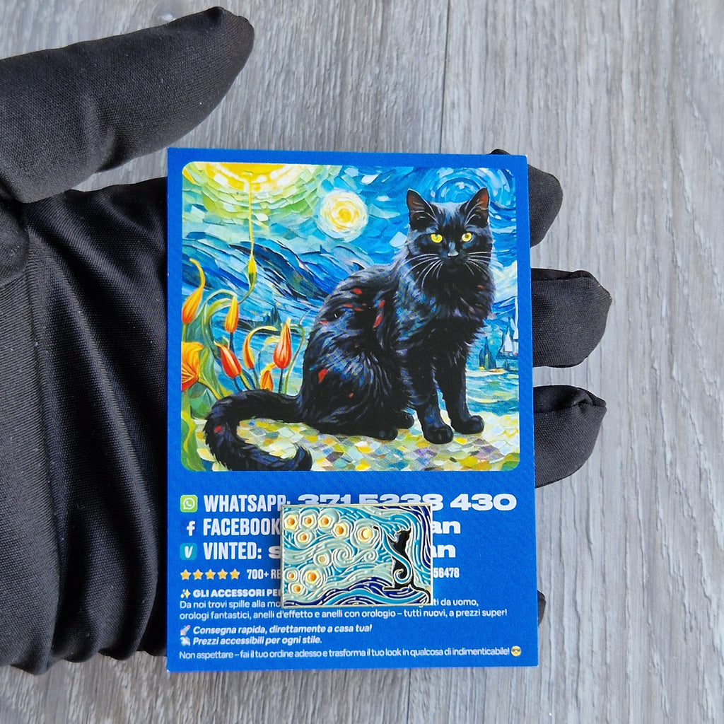 Spilla e card Gatto Nero Notte Stellata