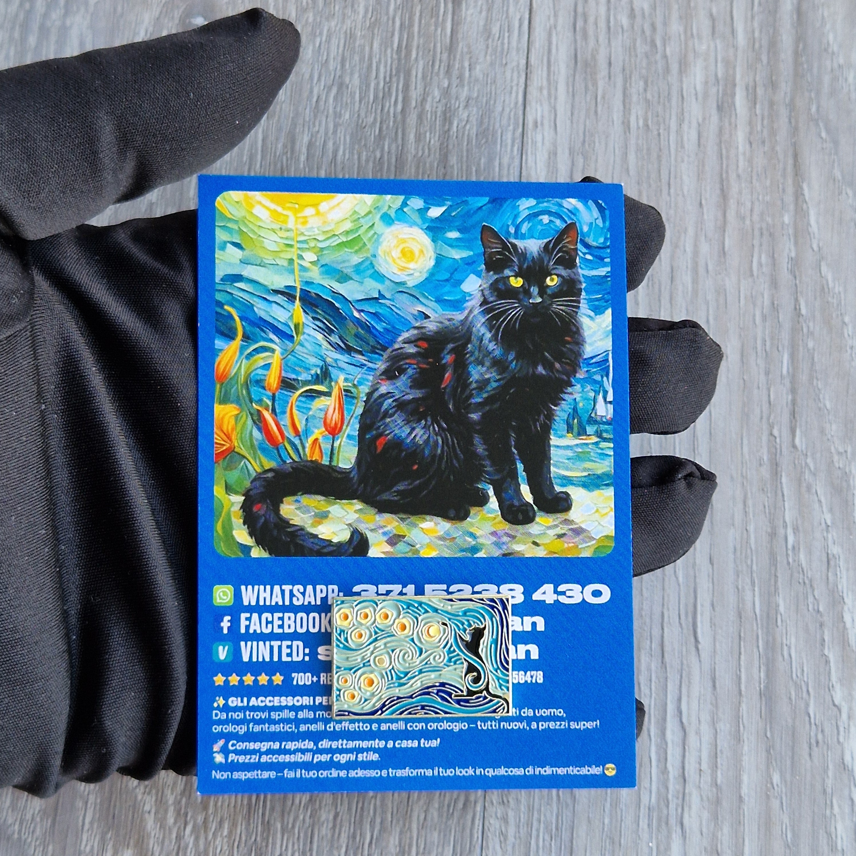 Spilla e card Gatto Nero Notte Stellata