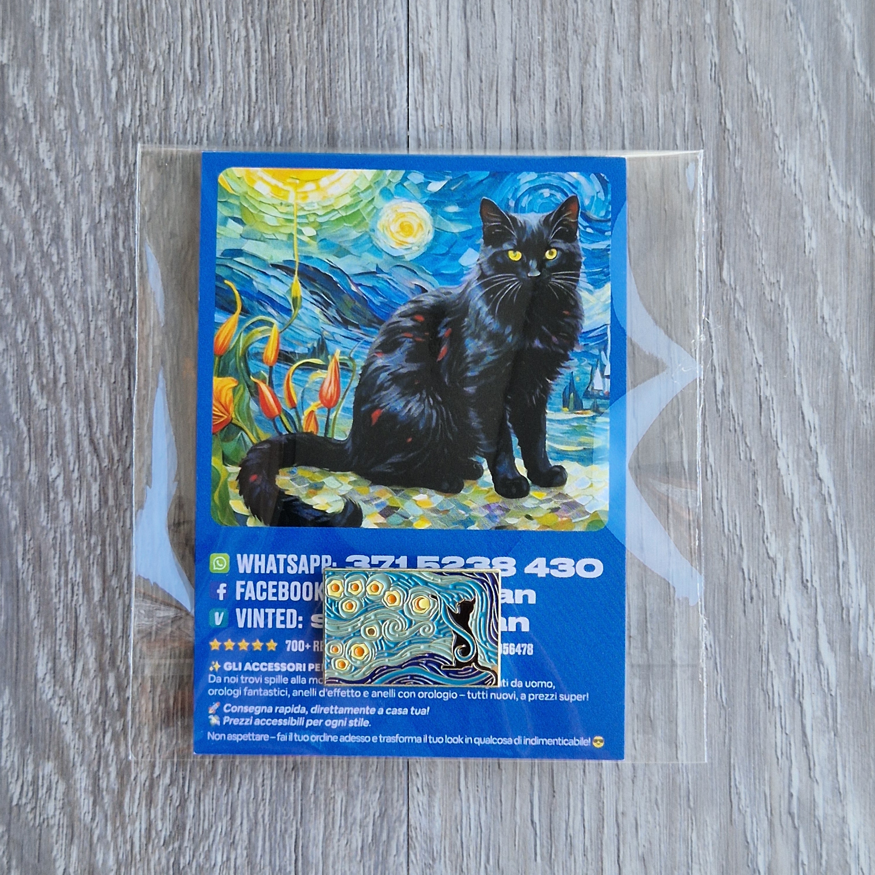 Spilla e card Gatto Nero Notte Stellata