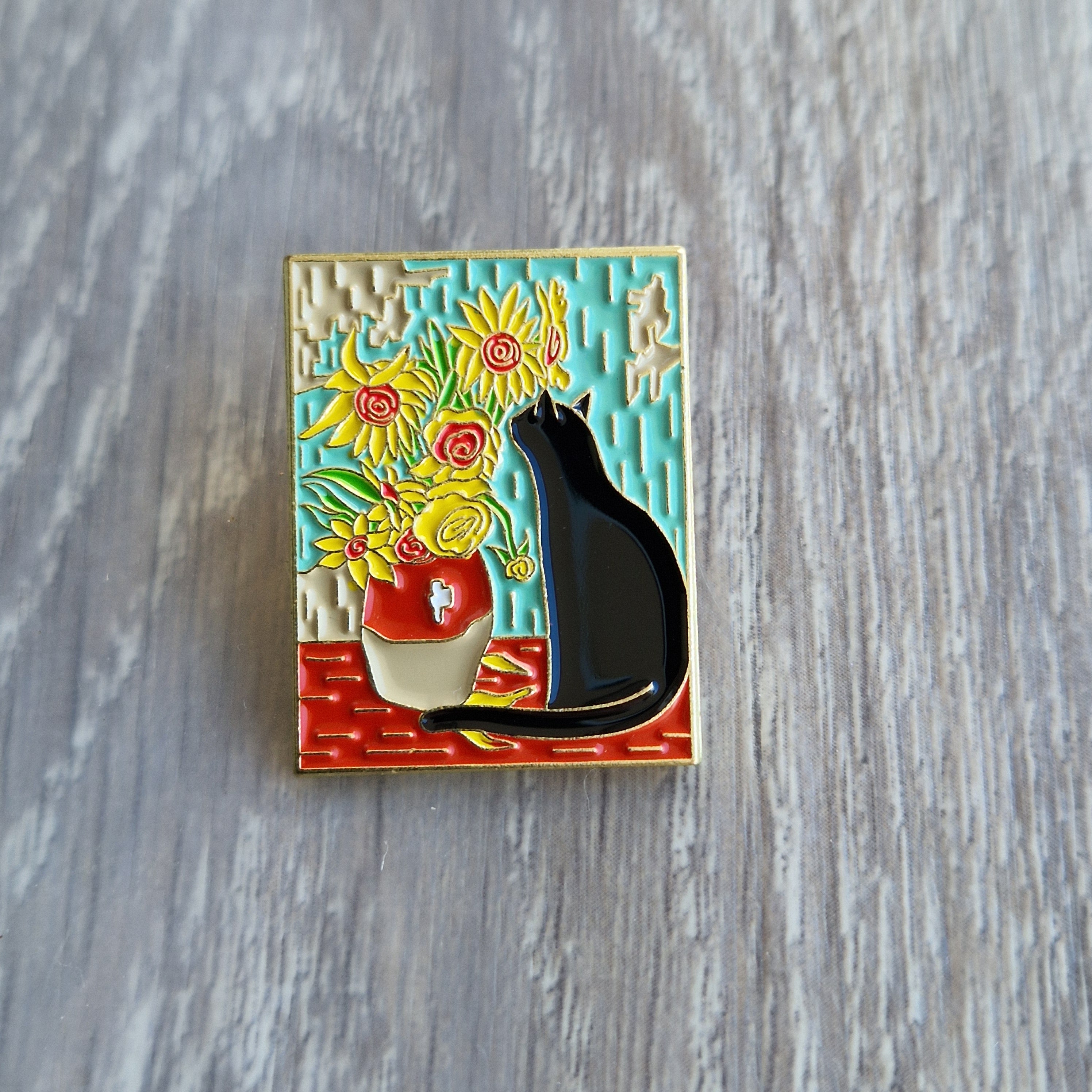 Spilla e card Gatto Nero Notte Stellata con Fiori