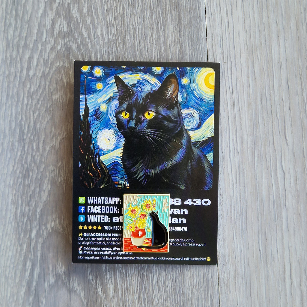 Spilla e card Gatto Nero Notte Stellata con Fiori
