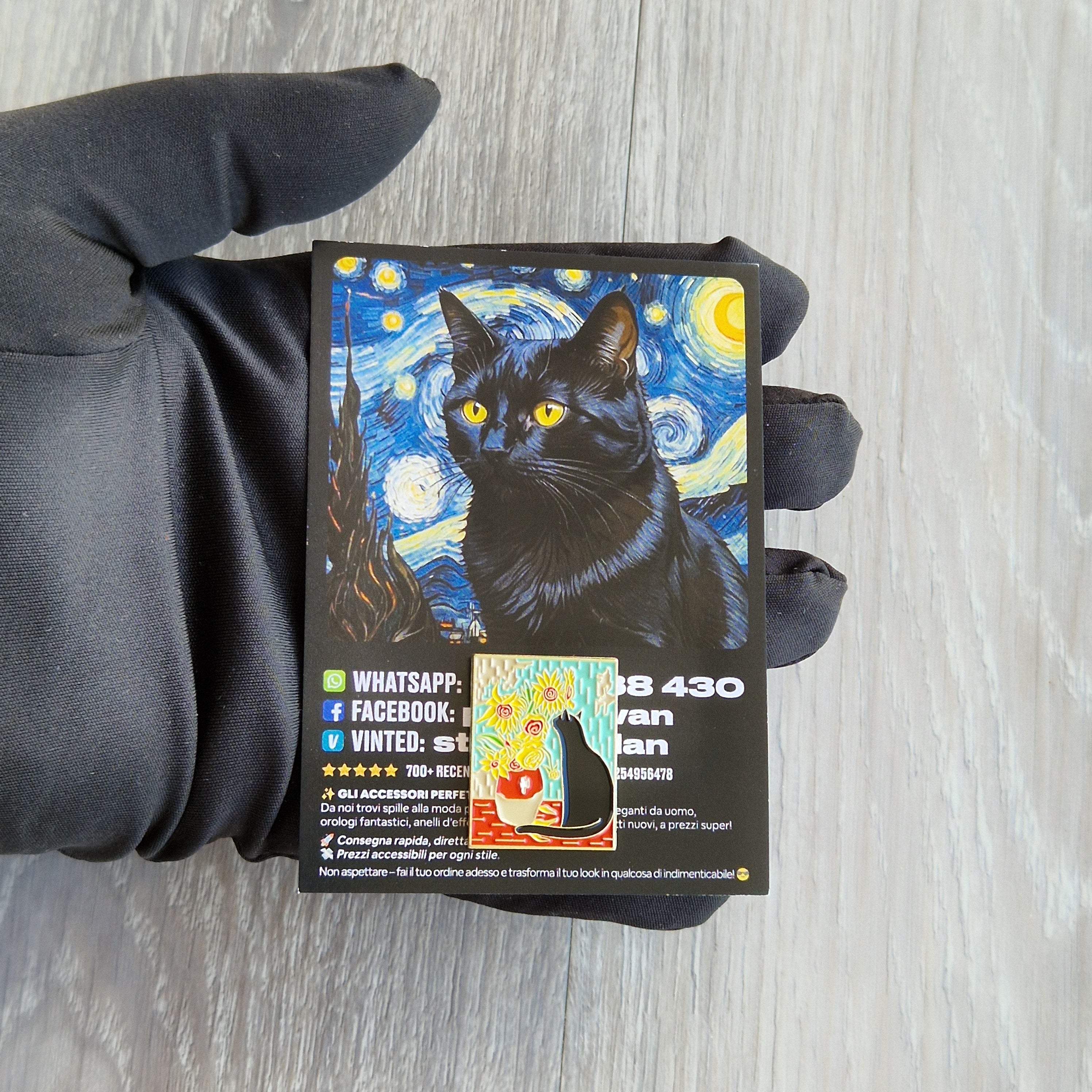Spilla e card Gatto Nero Notte Stellata con Fiori