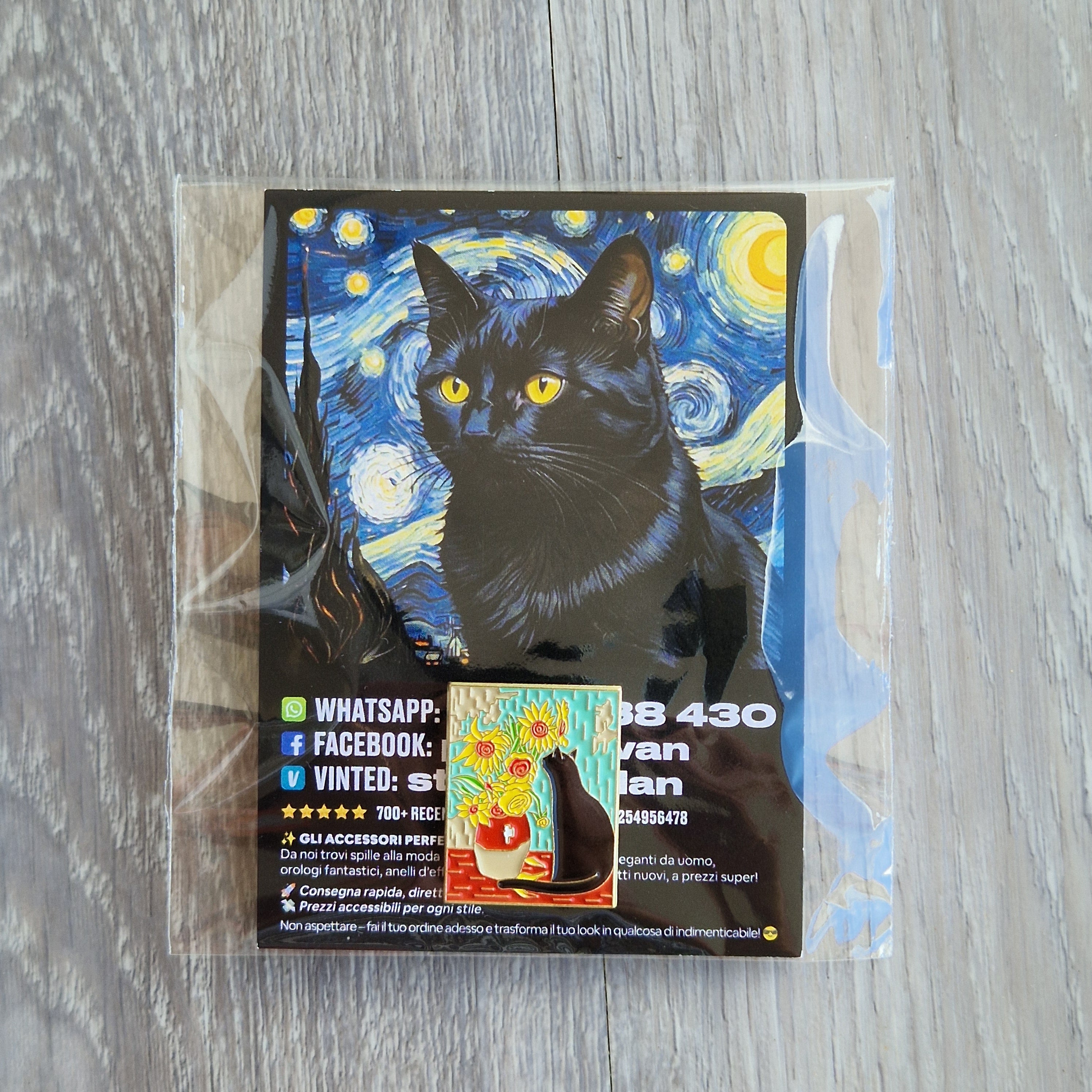 Spilla e card Gatto Nero Notte Stellata con Fiori
