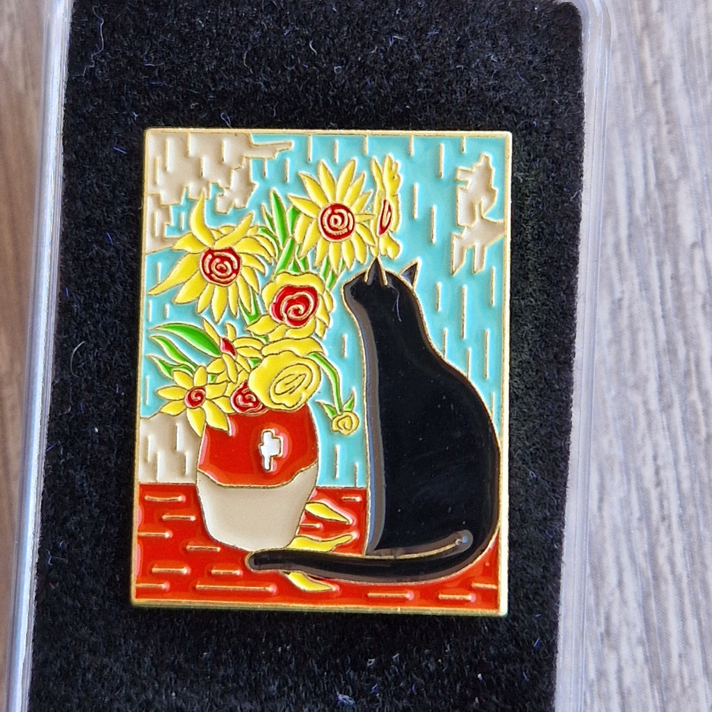 Spilla Smaltata Van Gogh Girasoli e Gatto Nero Box