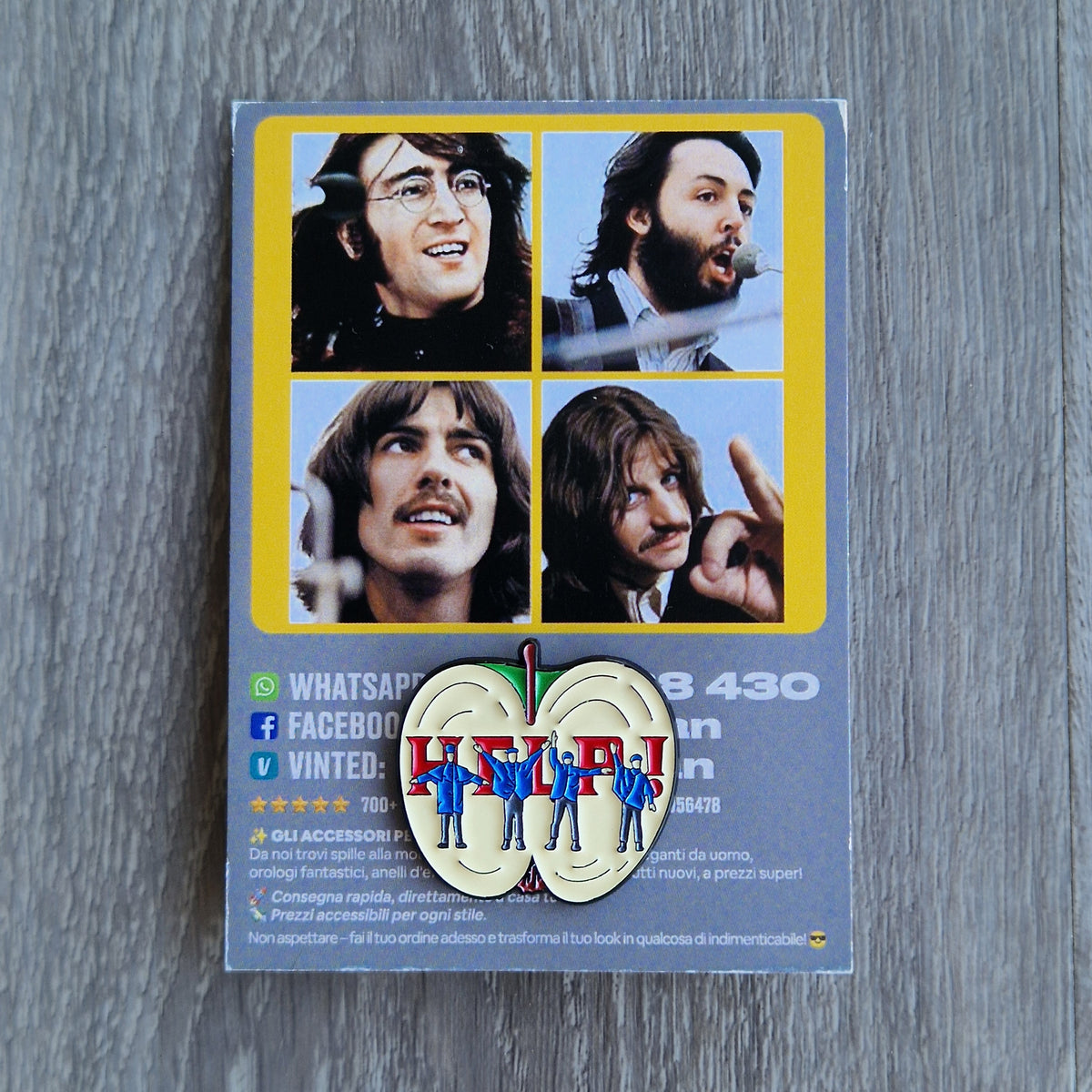 Spilla Smaltata The Beatles Help Apple Records con Card Illustrata