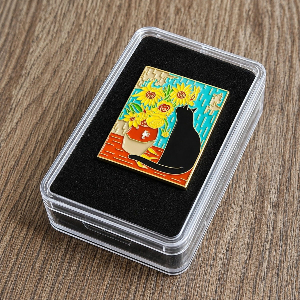Spilla Smaltata Van Gogh Girasoli e Gatto Nero Box